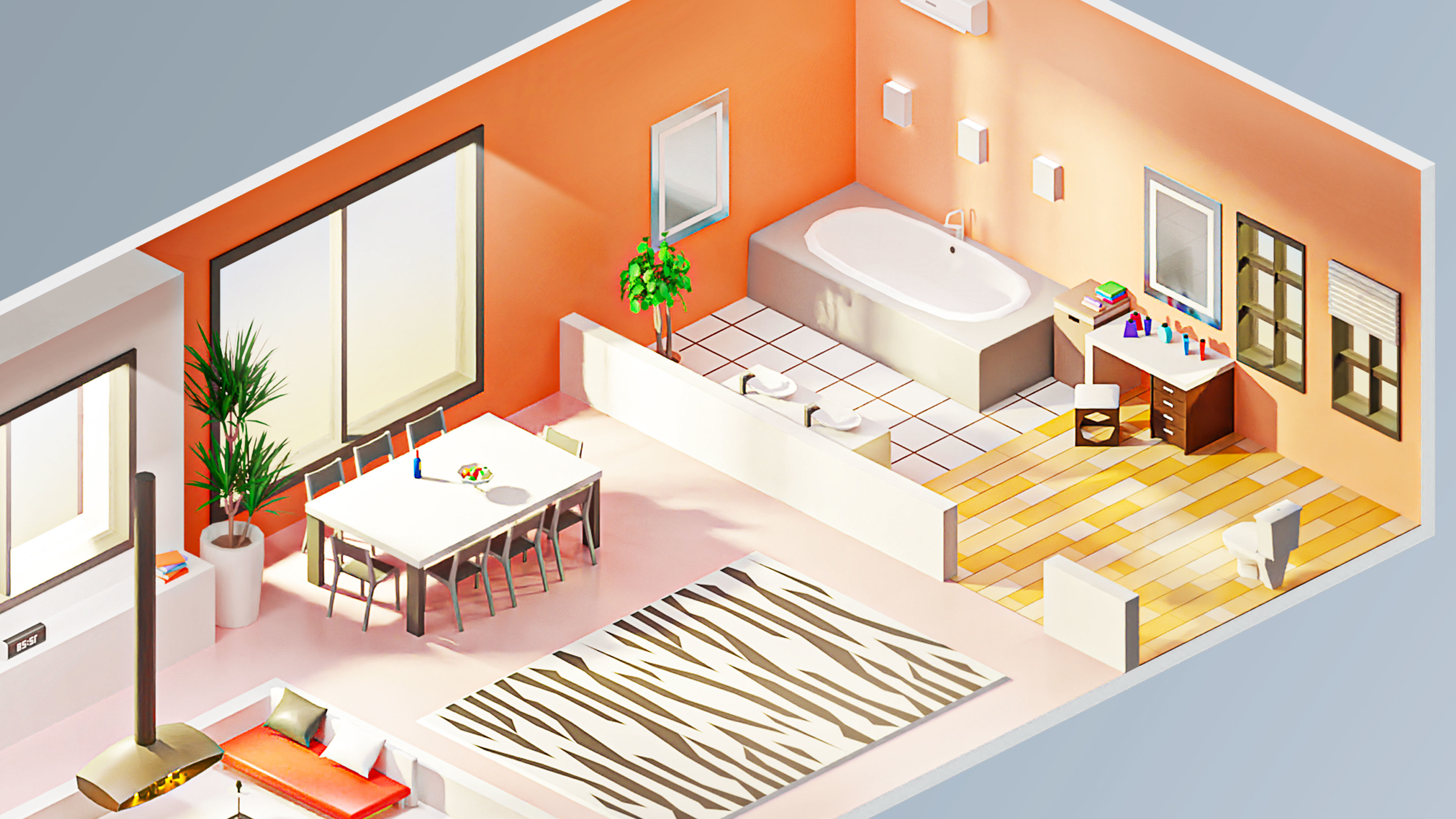 Room 4 living with orange couch Low-poly 3D model_2