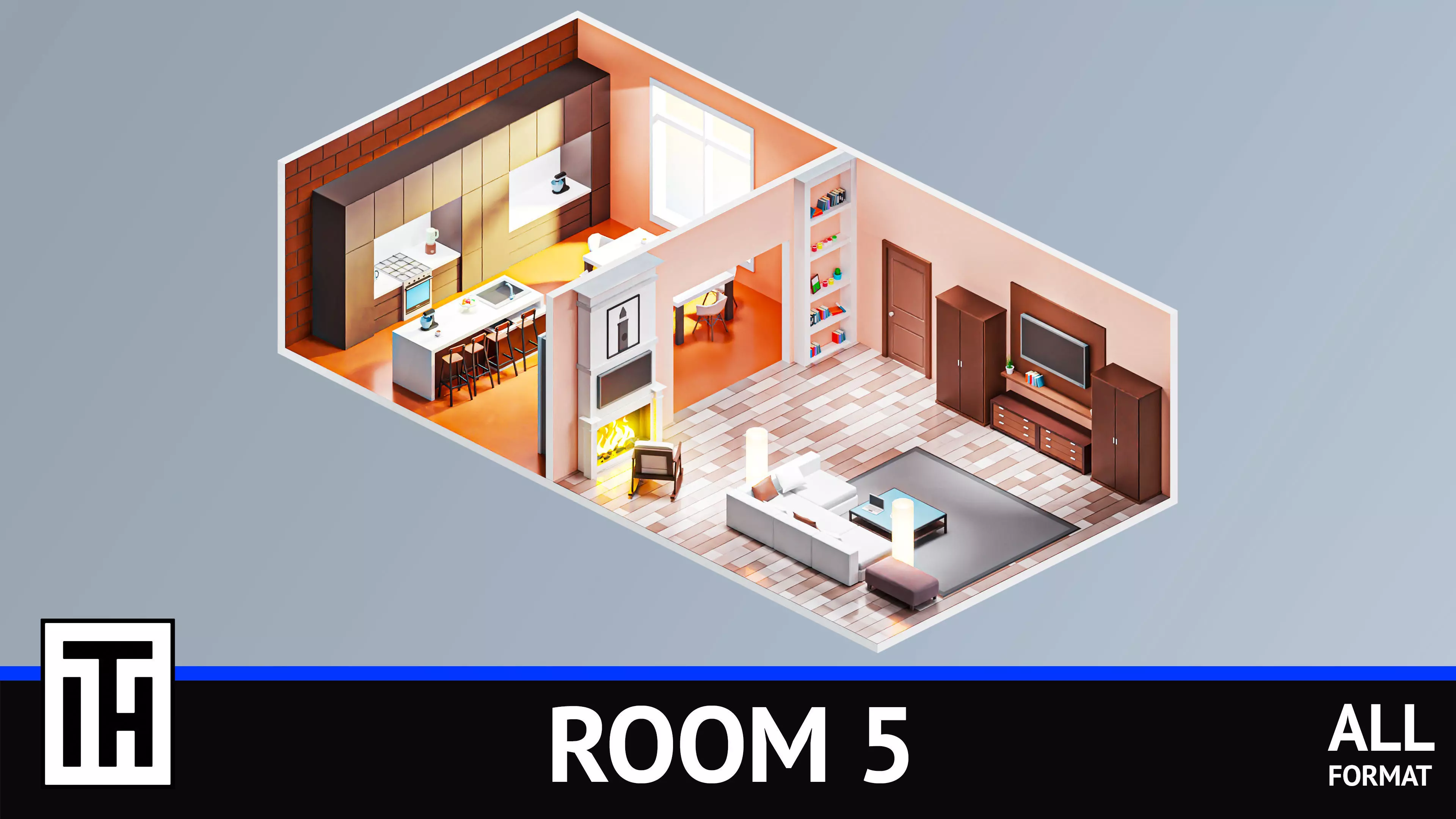 Room 5 living and kitchen Low-poly 3D model_0