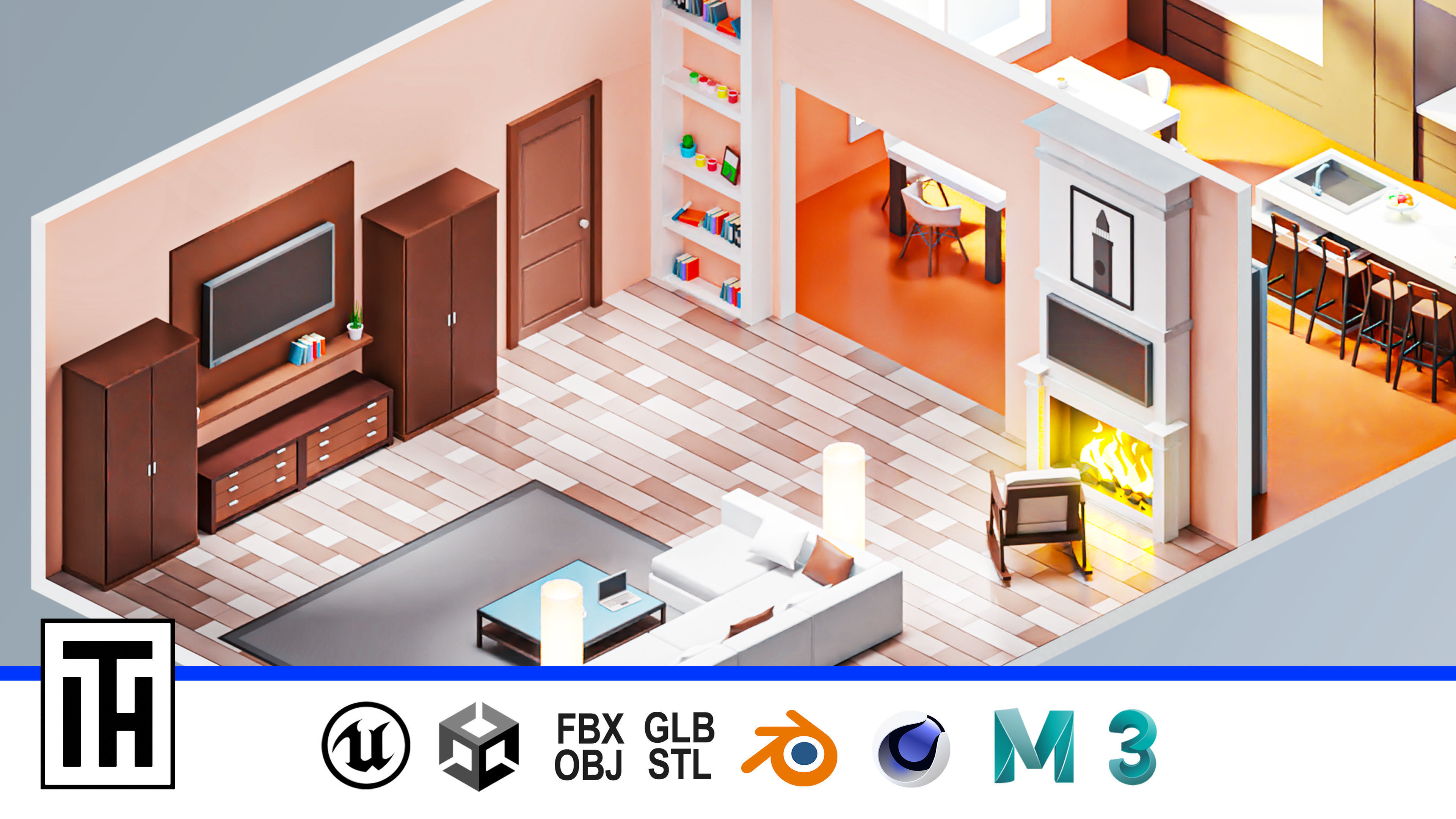 Room 5 living and kitchen Low-poly 3D model_1