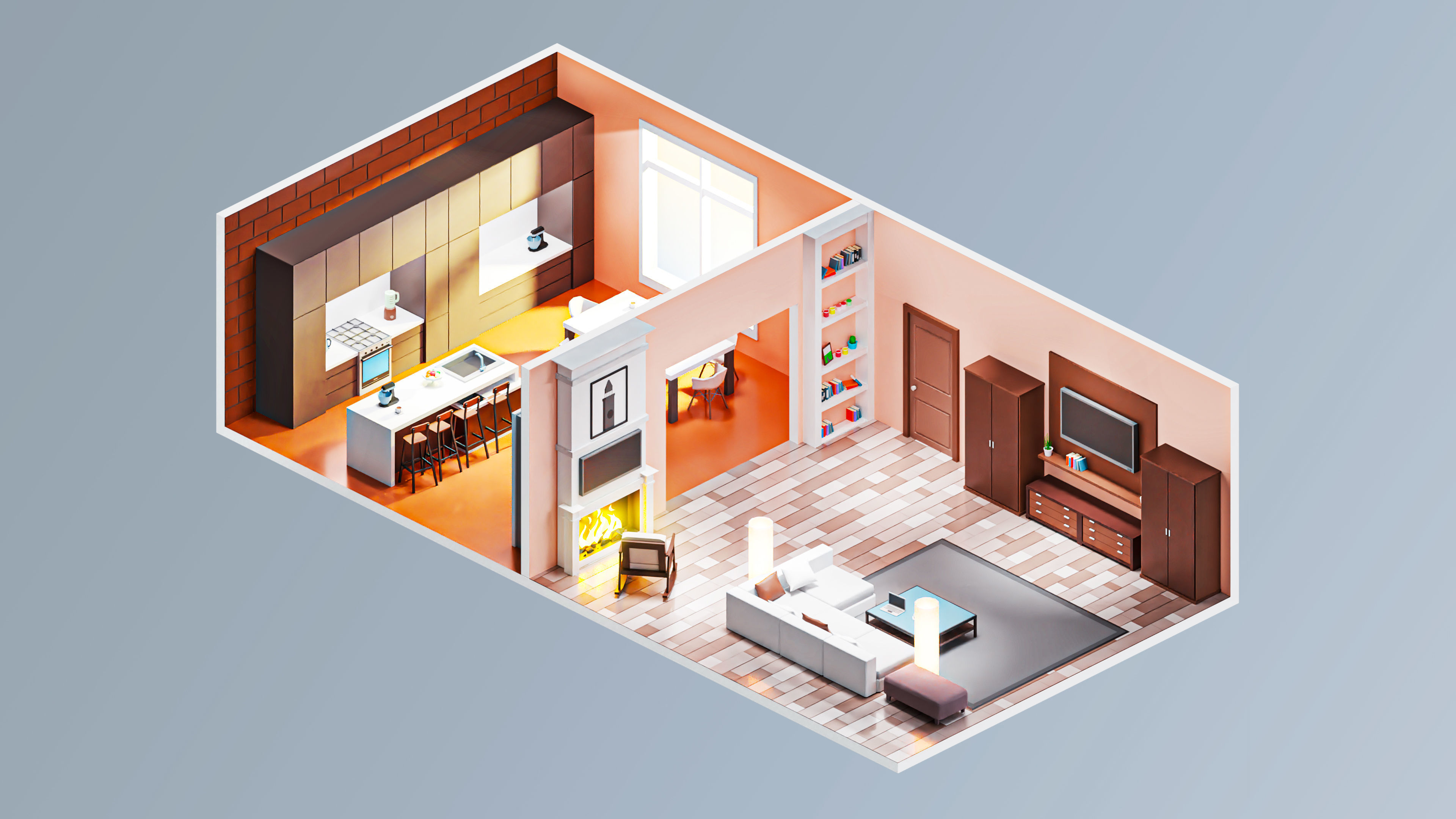 Room 5 living and kitchen Low-poly 3D model_3