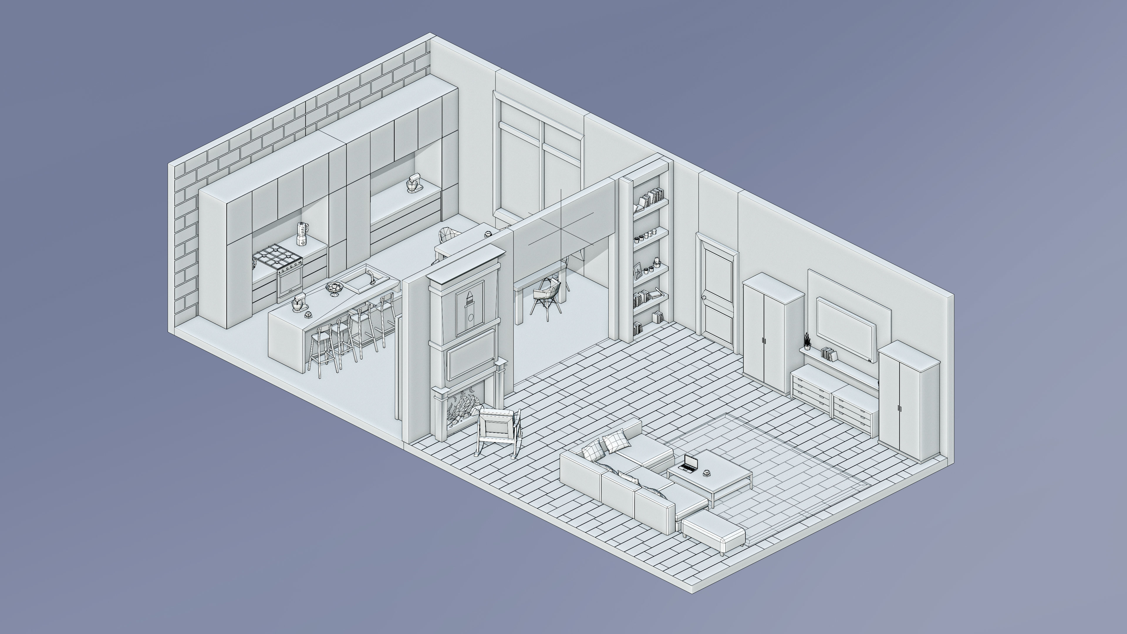 Room 5 living and kitchen Low-poly 3D model_5