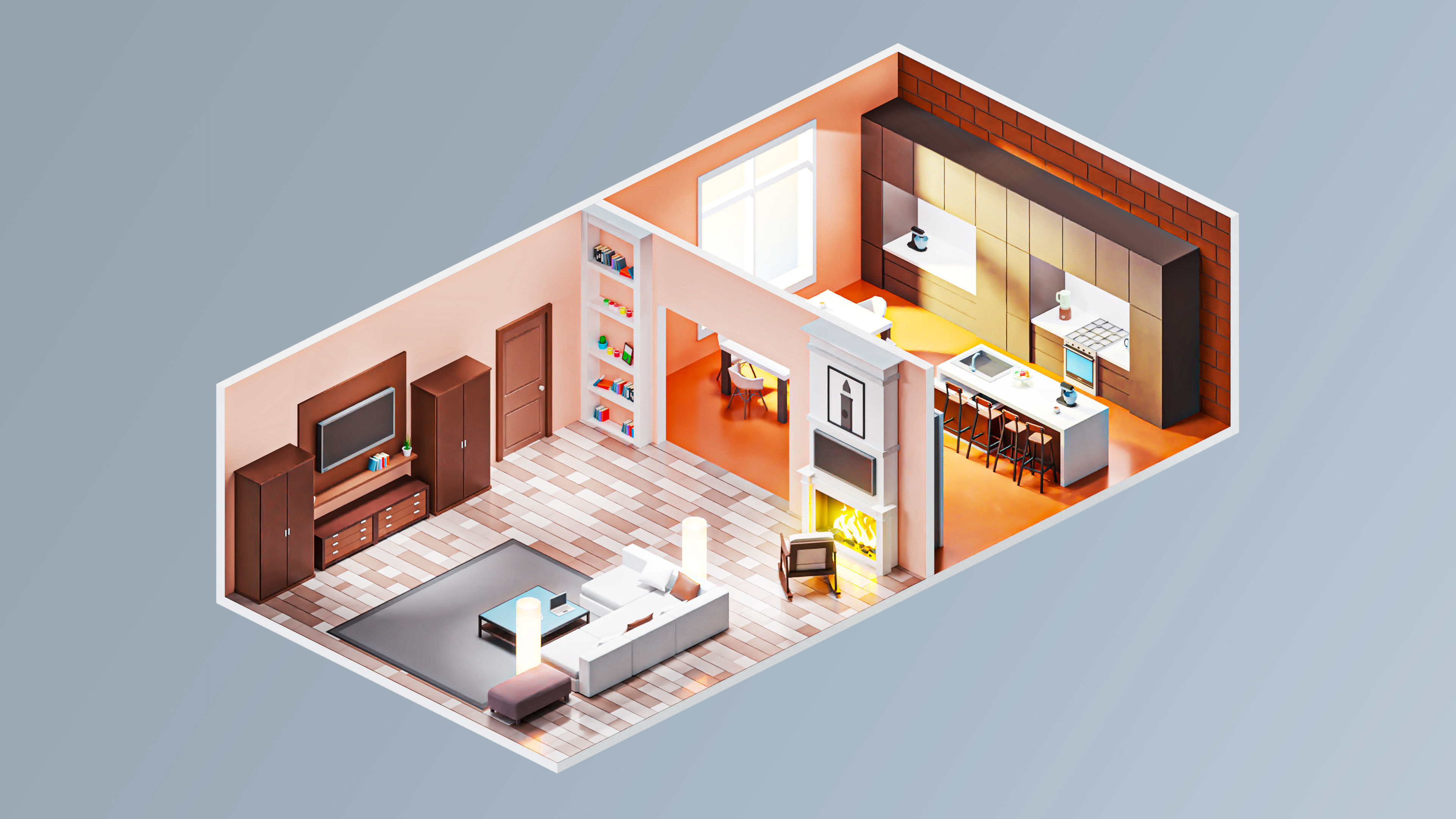 Room 5 living and kitchen Low-poly 3D model_4