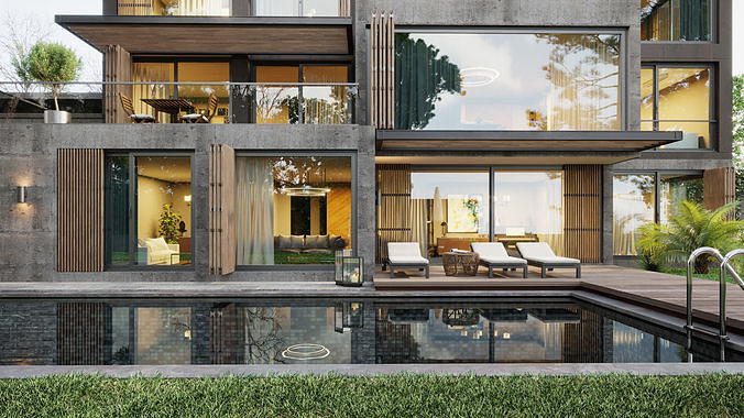 Loft Villa Cloudy and Sunny Full Scene 3D model 2
