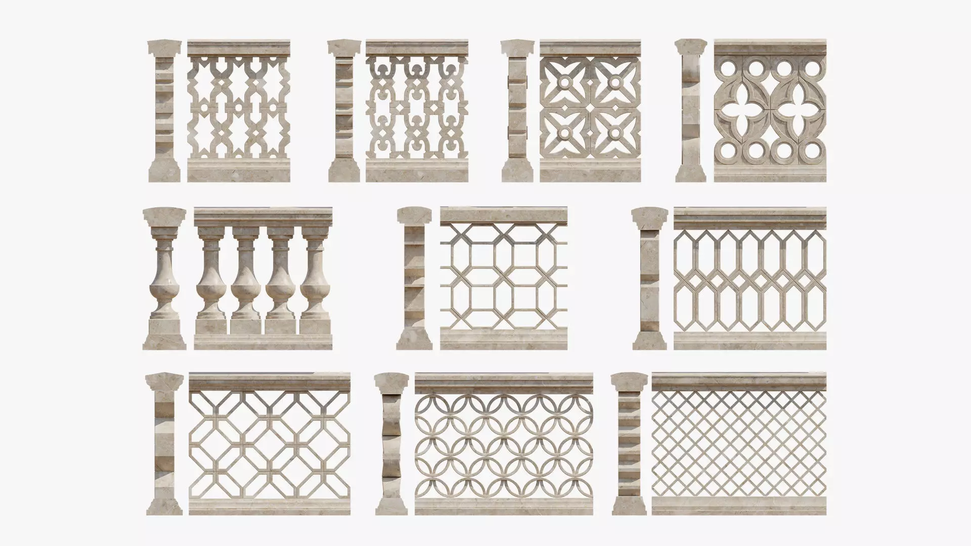 Balustrades stone wall with decorative carvings 3D model_0