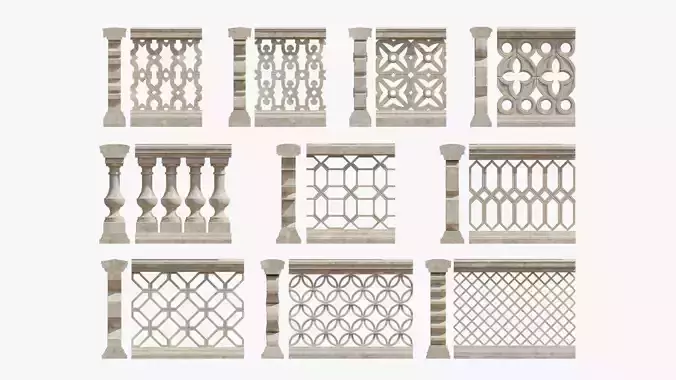 Balustrades stone wall with decorative carvings 3D model