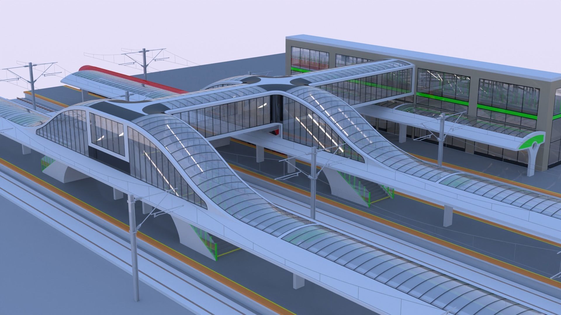 Railway station with train 3D model_1