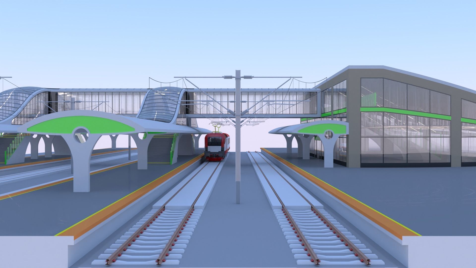 Railway station with train 3D model_3