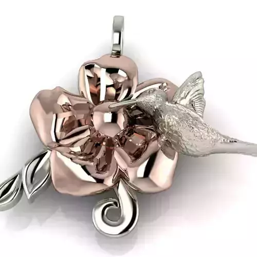 Humming Bird on Flower Pendant charm necklace 3D model