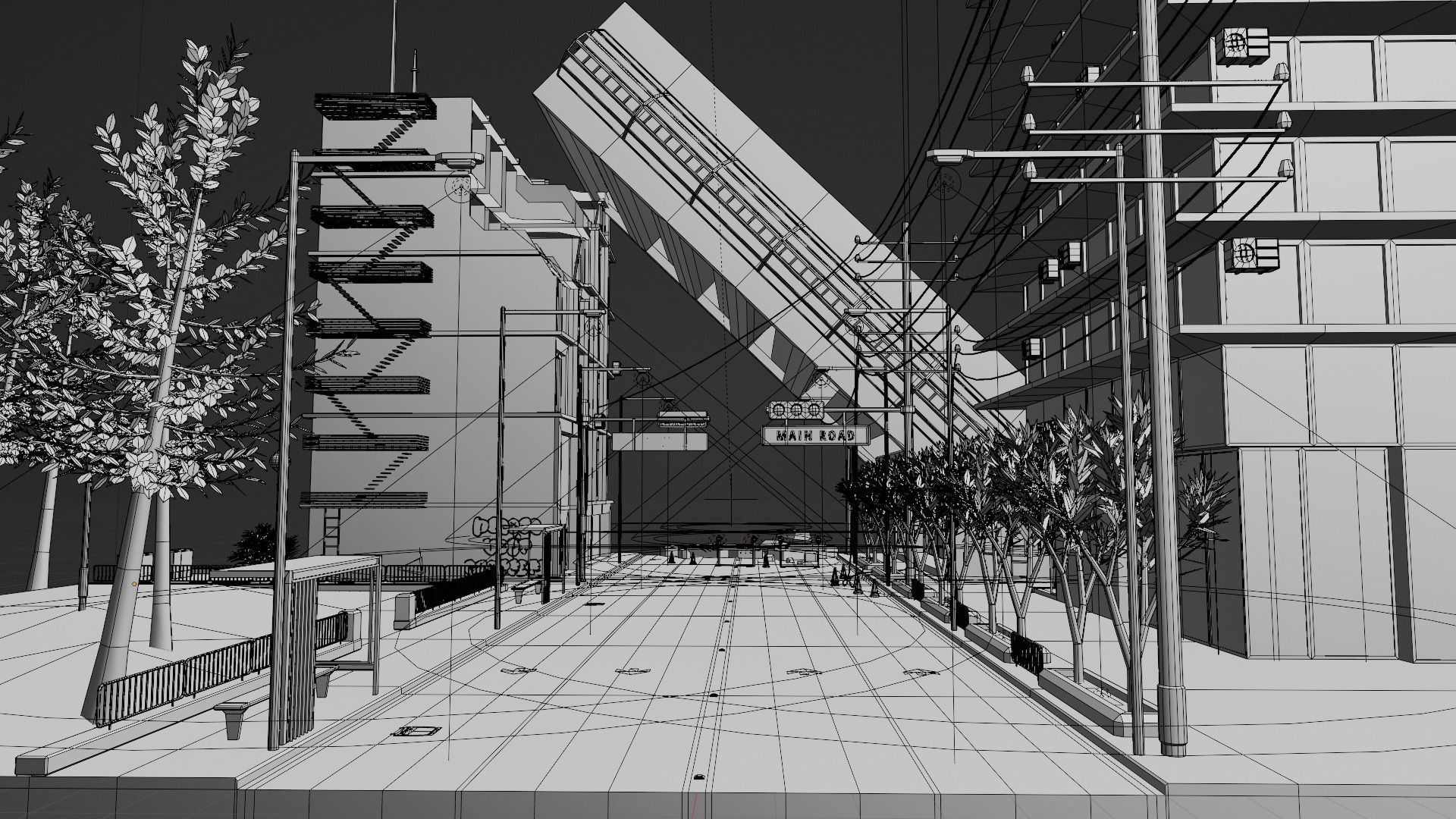 Destroyed city square Low-poly 3D model_21