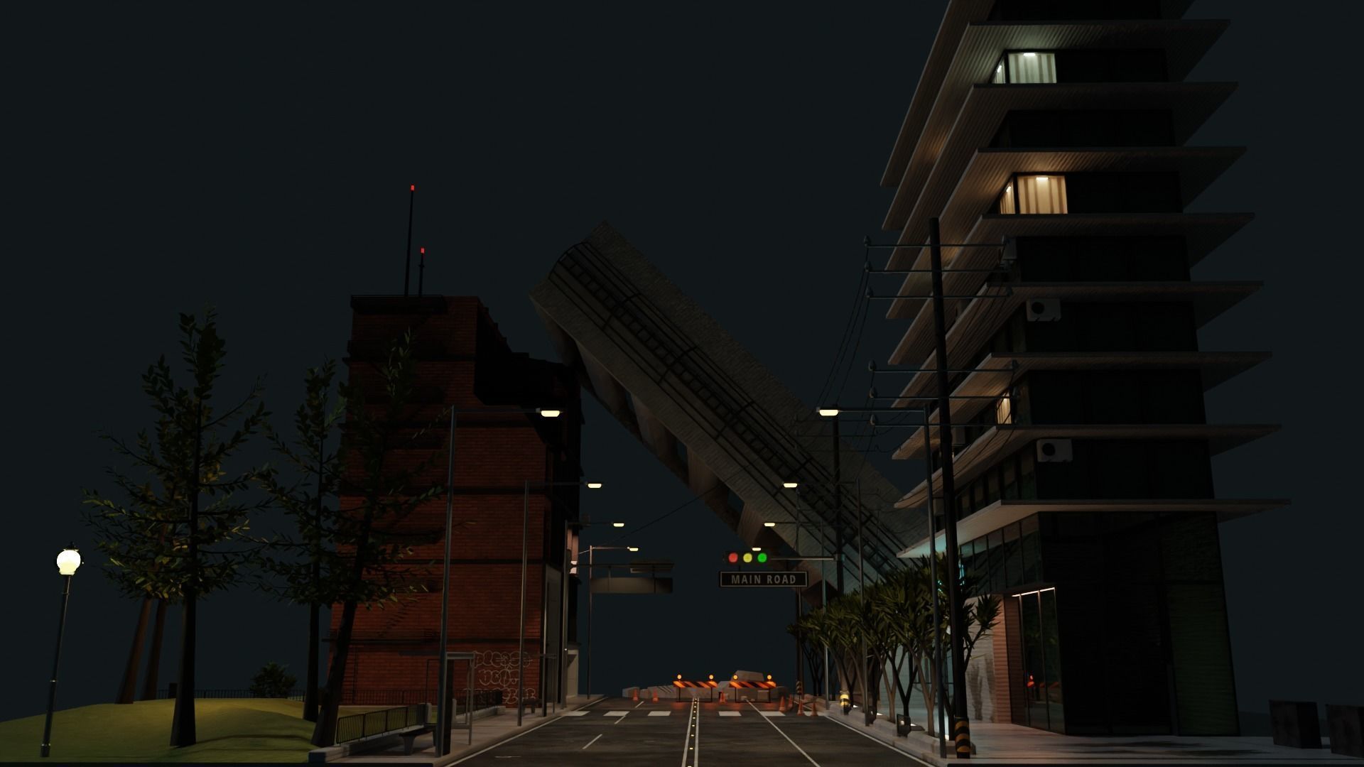 Destroyed city square Low-poly 3D model_3