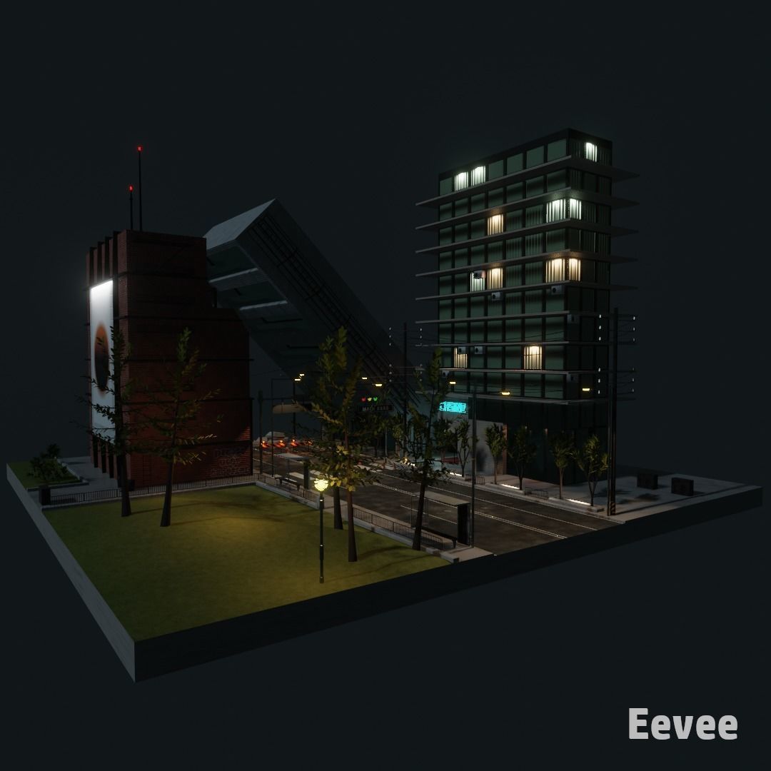 Destroyed city square Low-poly 3D model_2
