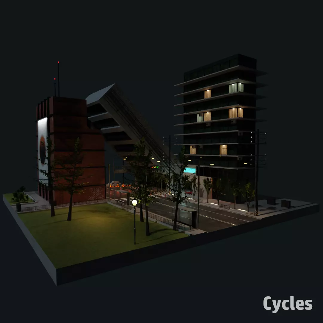 Destroyed city square Low-poly 3D model_0
