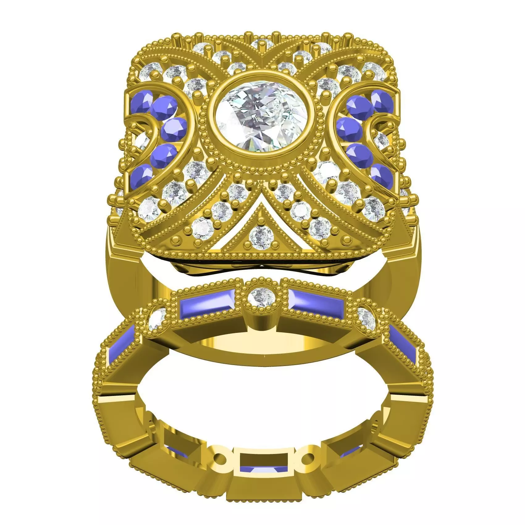 Antique Art Deco Engagement Ring With Band 3D print model
