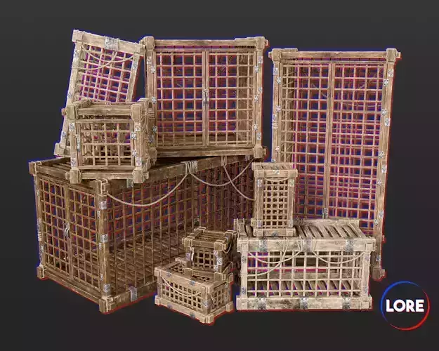 Medieval Containers Wooden Cages Low-poly 3D model