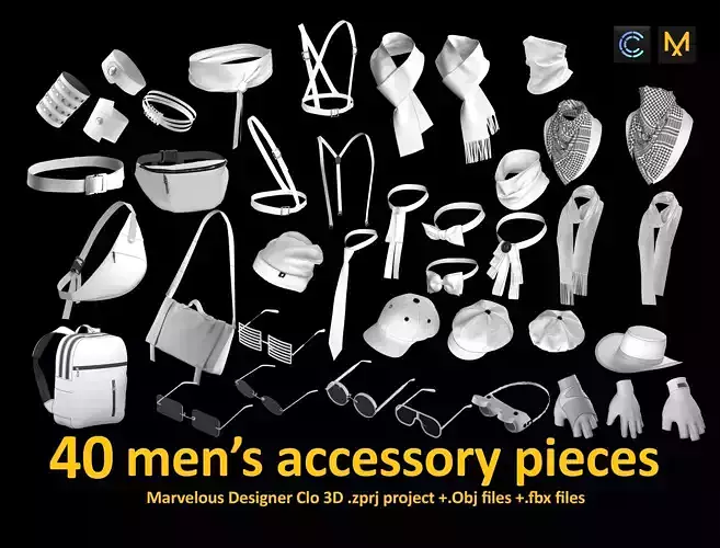 40 accessory pieces for men Low-poly 3D model