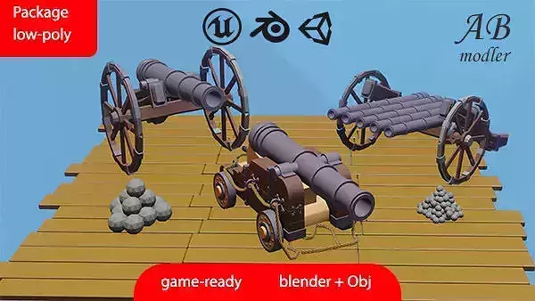 Package of low-poly medieval cannons
