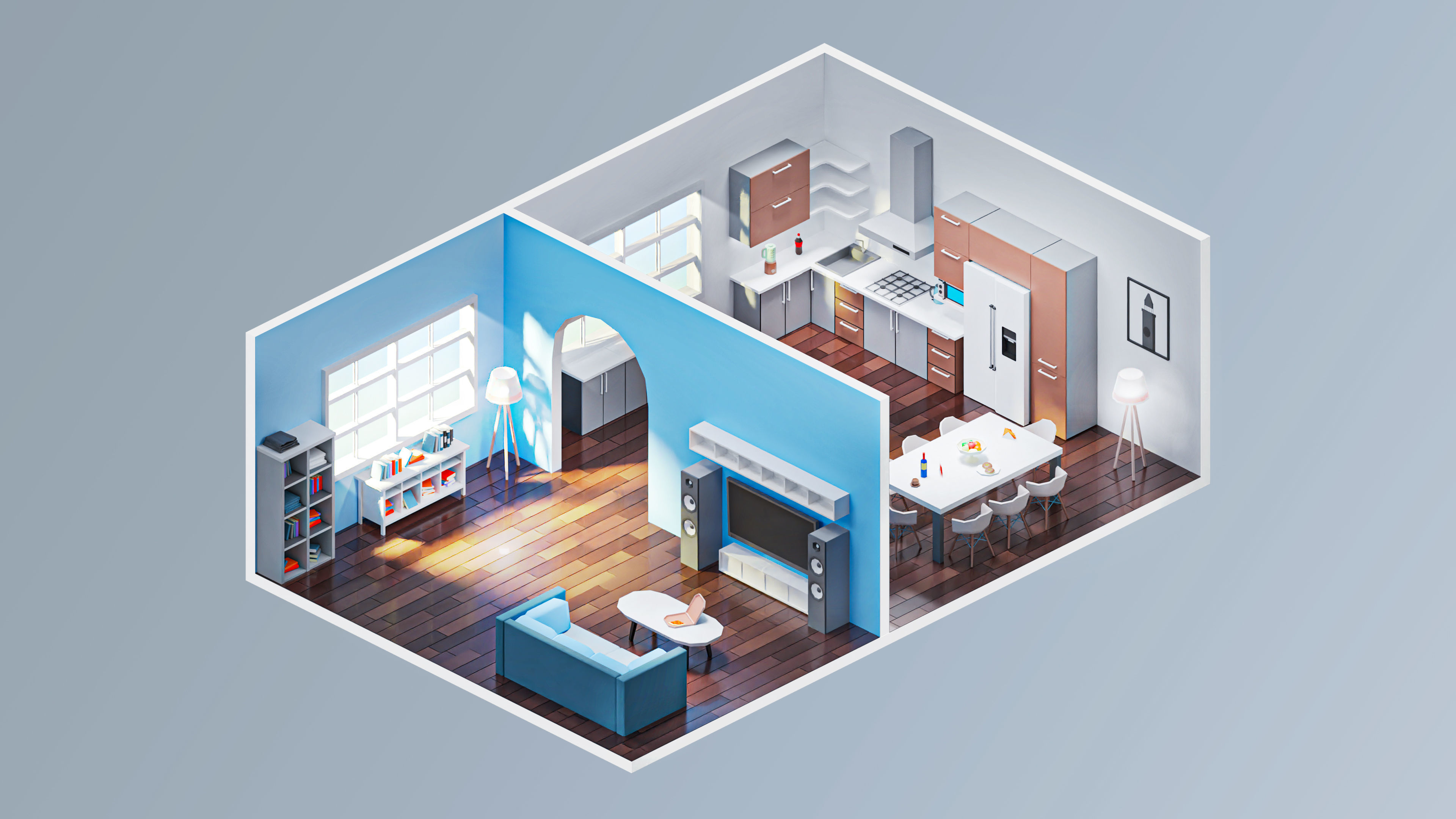 Room 7 living and kitchen Low-poly 3D model_4