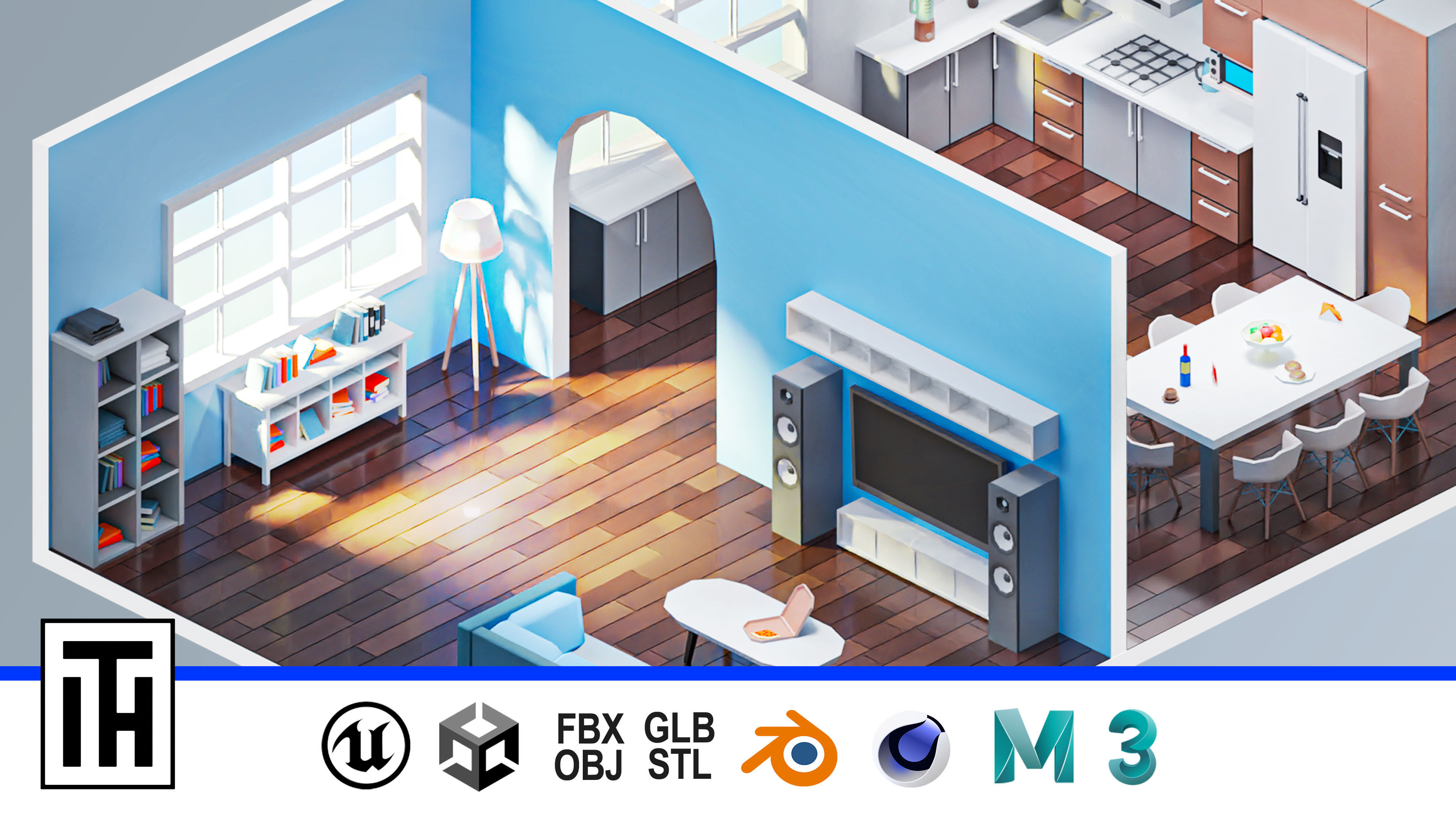 Room 7 living and kitchen Low-poly 3D model_1