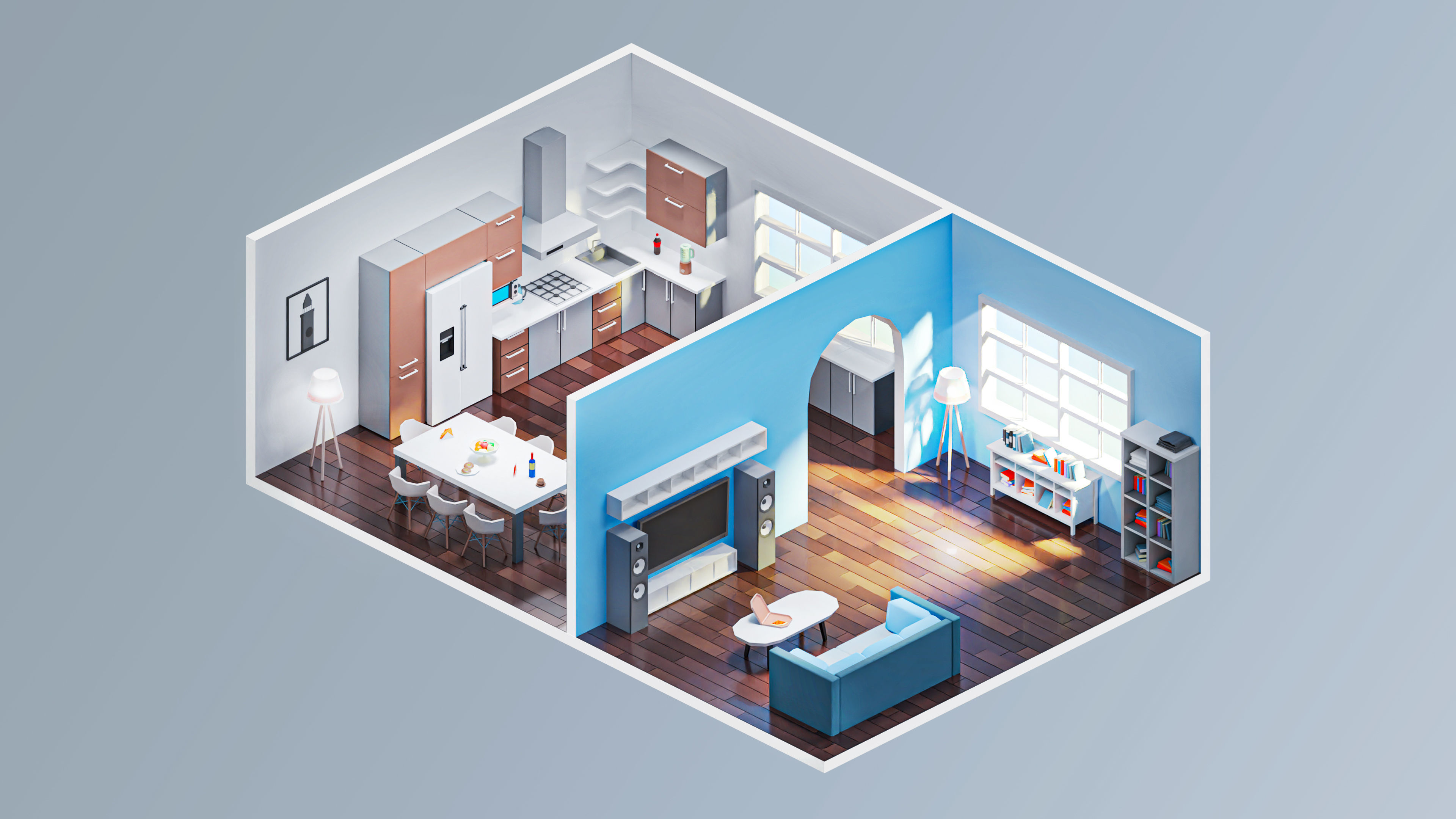Room 7 living and kitchen Low-poly 3D model_3