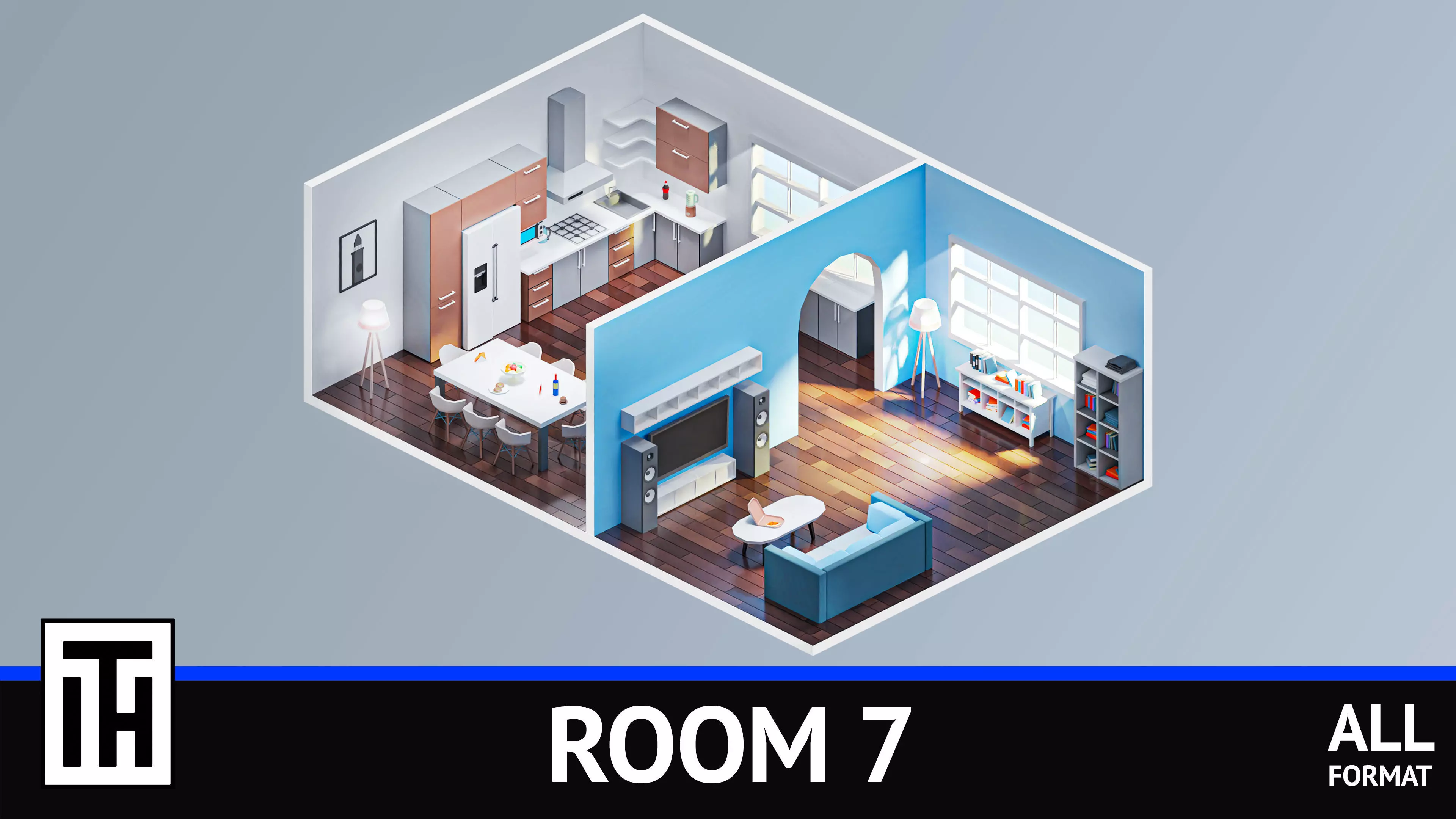 Room 7 living and kitchen Low-poly 3D model_0