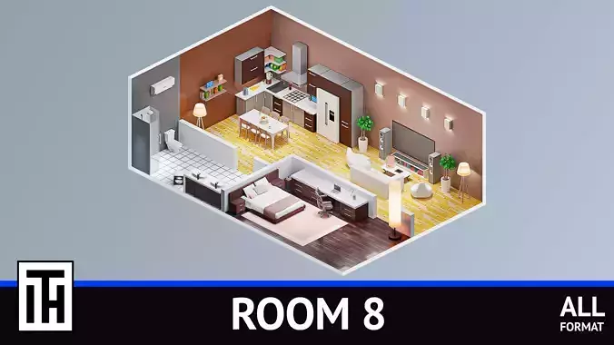 Room 8 apartment with kitchen and living