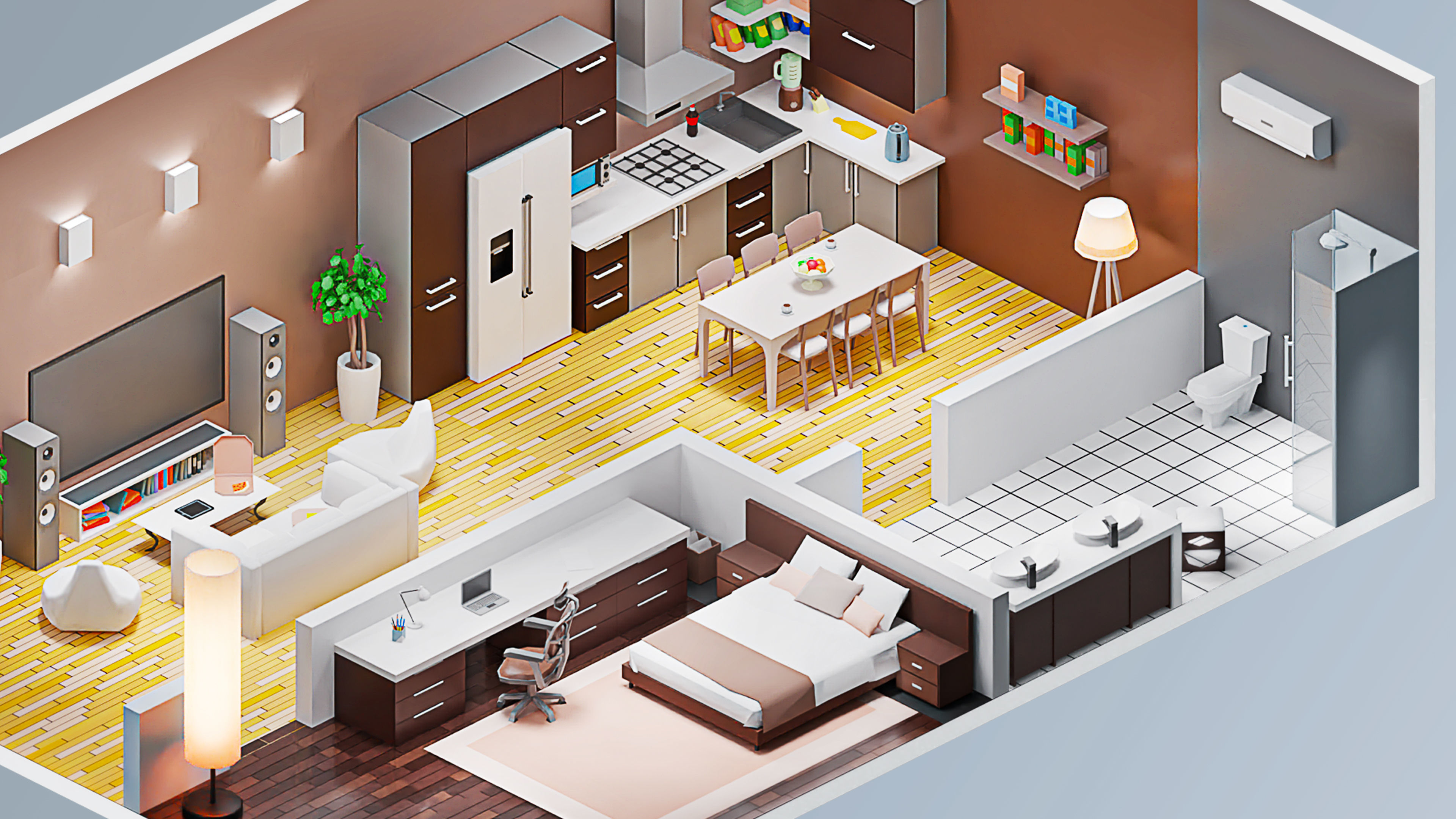Room 8 apartment with kitchen and living Low-poly 3D model_2