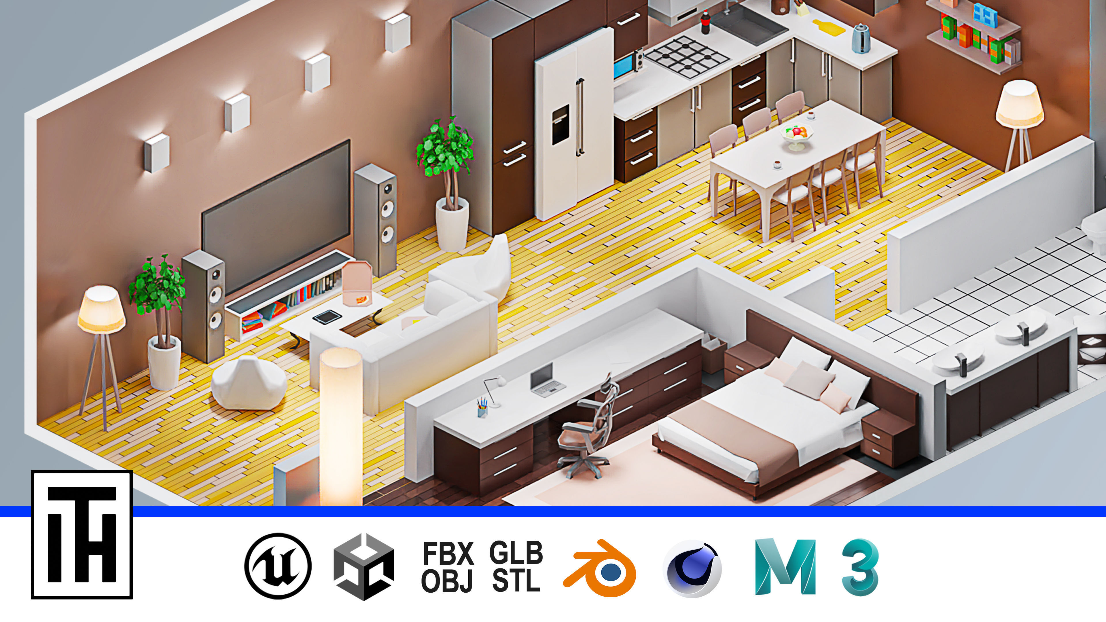 Room 8 apartment with kitchen and living Low-poly 3D model_1