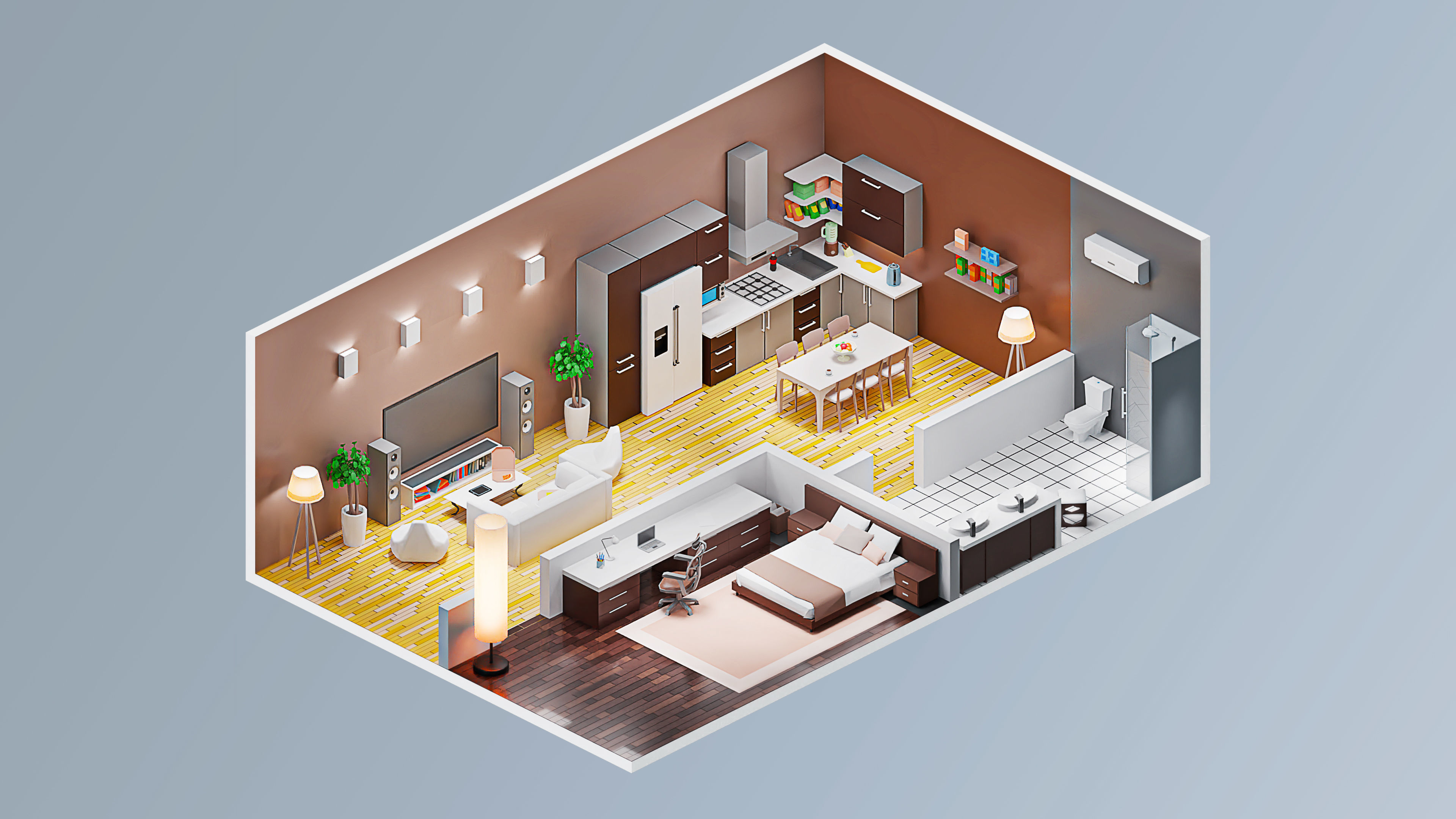 Room 8 apartment with kitchen and living Low-poly 3D model_4