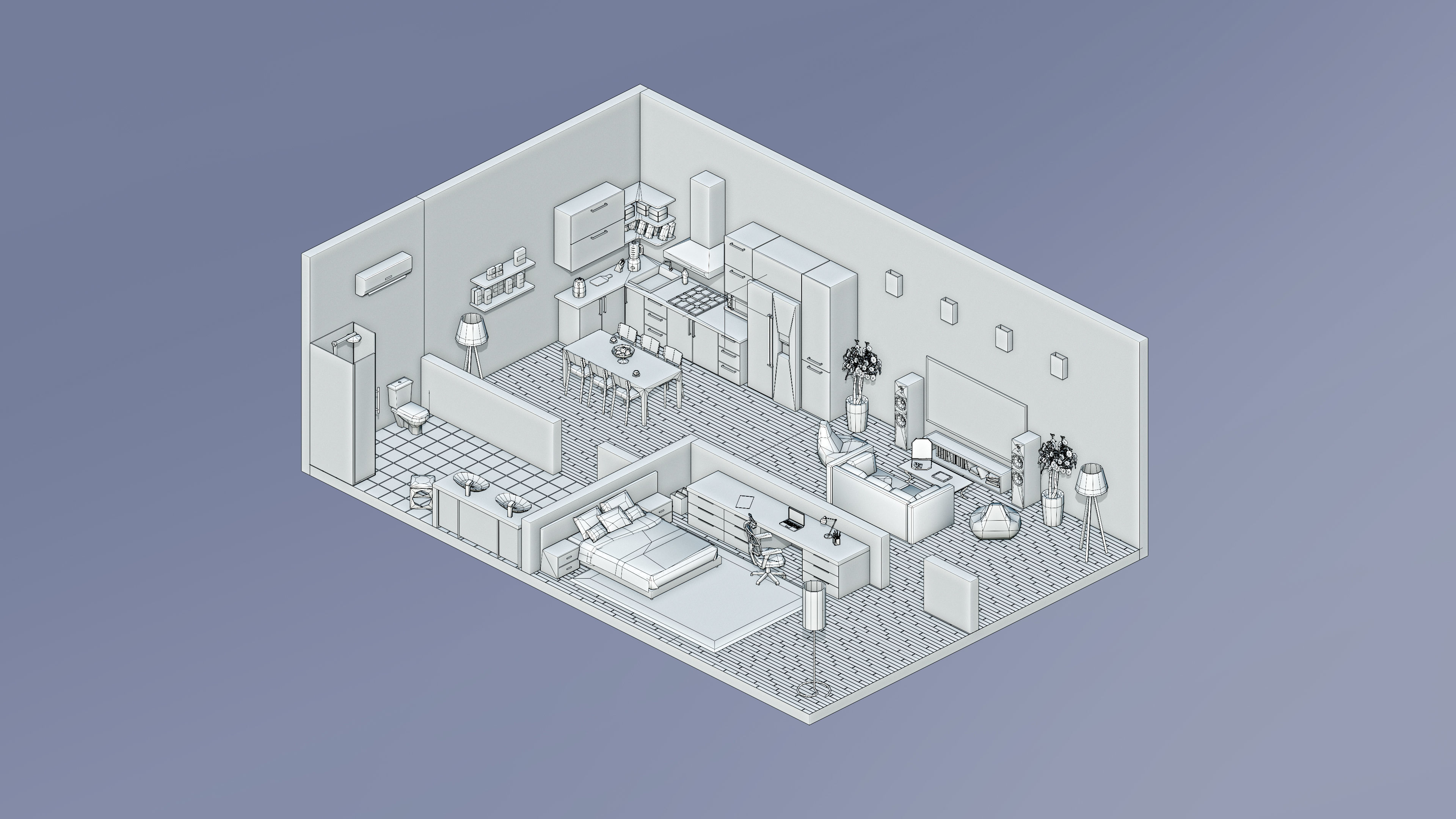 Room 8 apartment with kitchen and living Low-poly 3D model_5