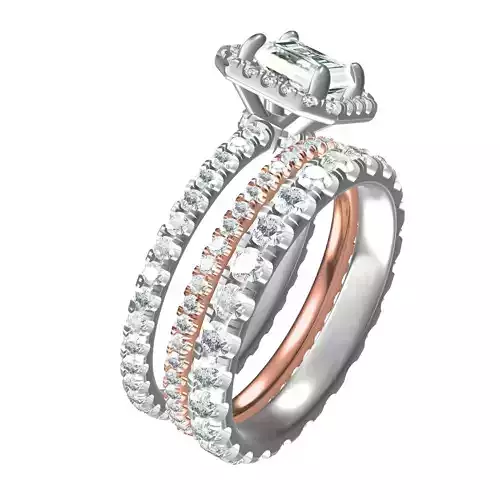 Emerald Cut Micro Pave Halo Solitaire Ring with Two Bands