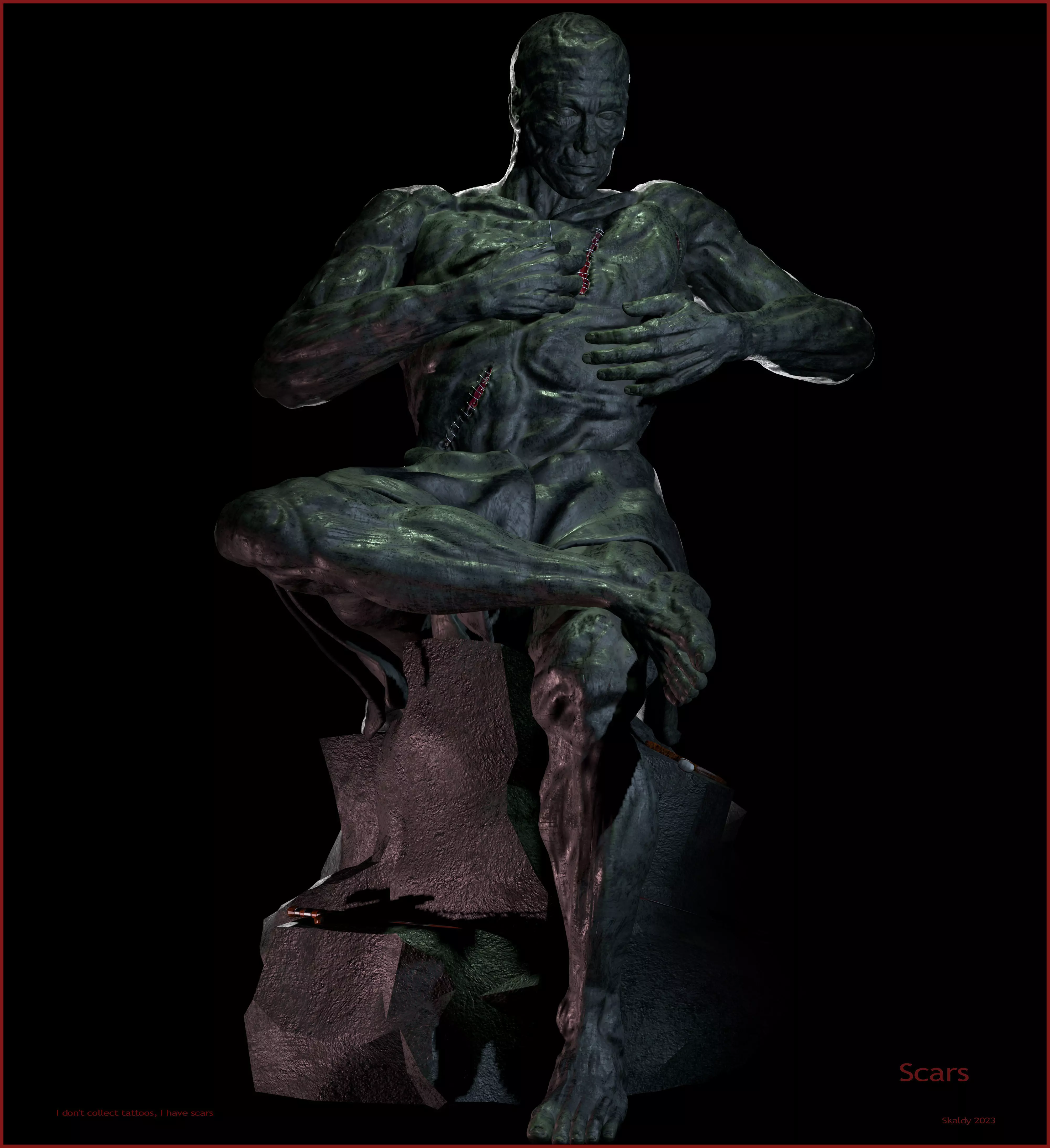 Scars statue of man on rock 3D model_0