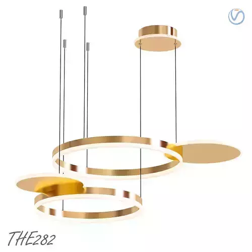 THE282 gold chandelier with three circles hanging from it