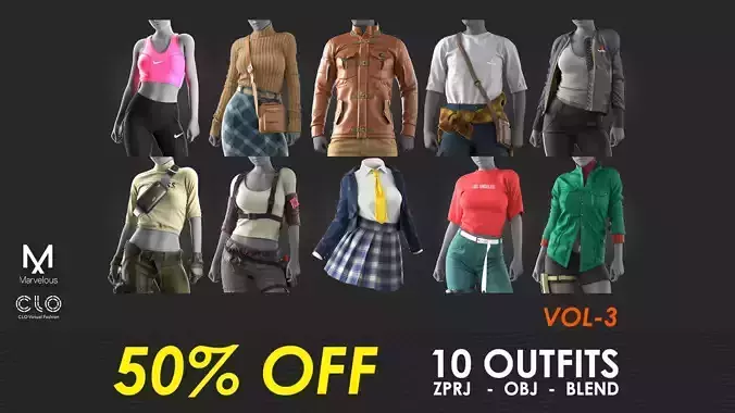 10 Outfits VOL 3 - Marvelous - CLO Project file 3D Model Collection