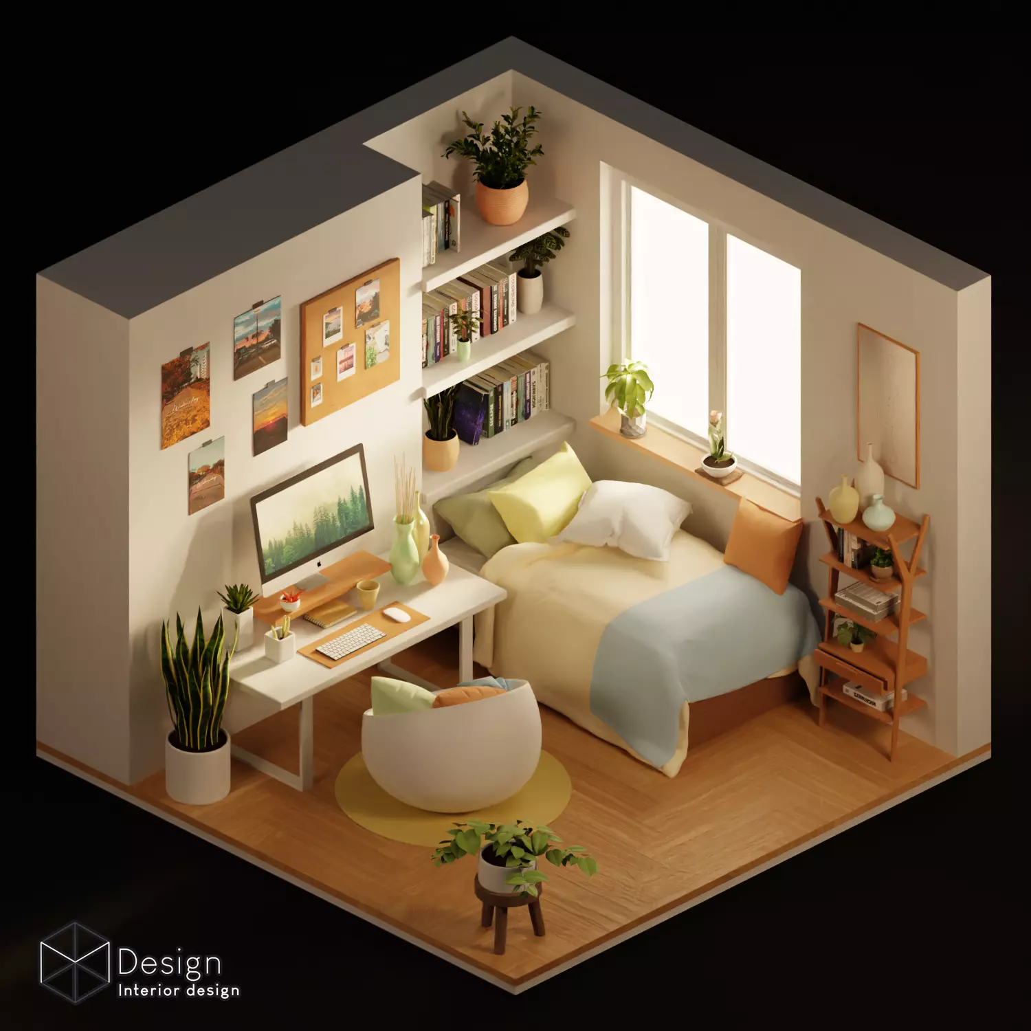 High poly isometric cute bedroom 3D model