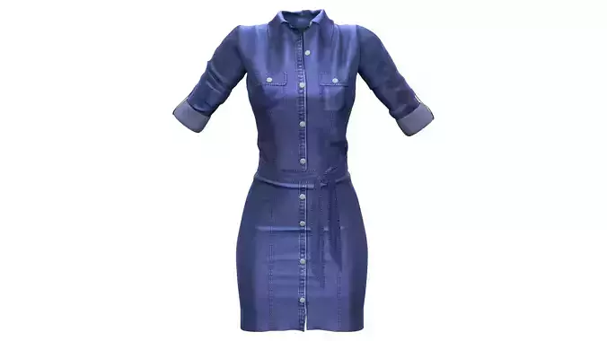 Short Pencil Skirt Rolled Sleeves Denim Shirt Dress With Belt