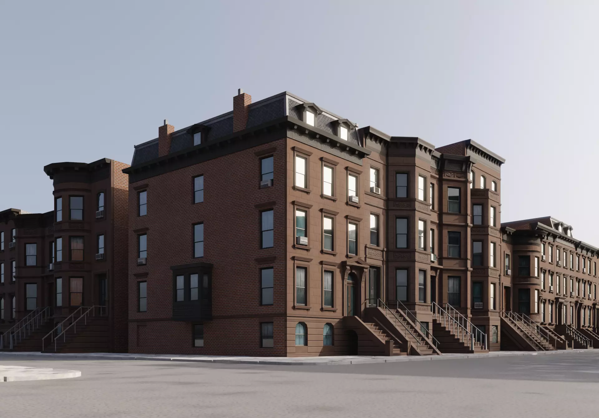 New York Brownstones - American Row Houses Pack Low-poly 3D model_2