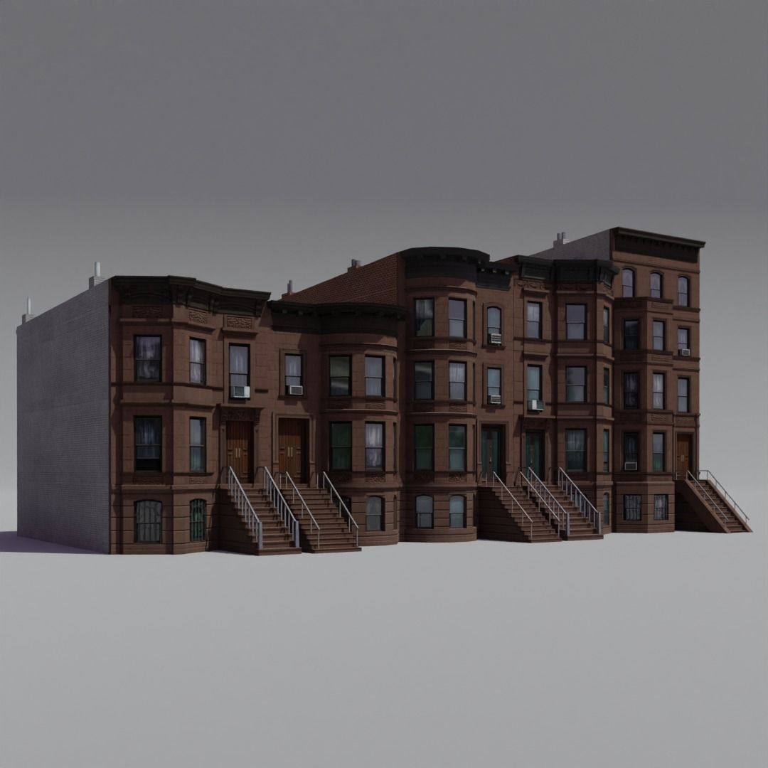 New York Brownstones - American Row Houses Pack Low-poly 3D model_7