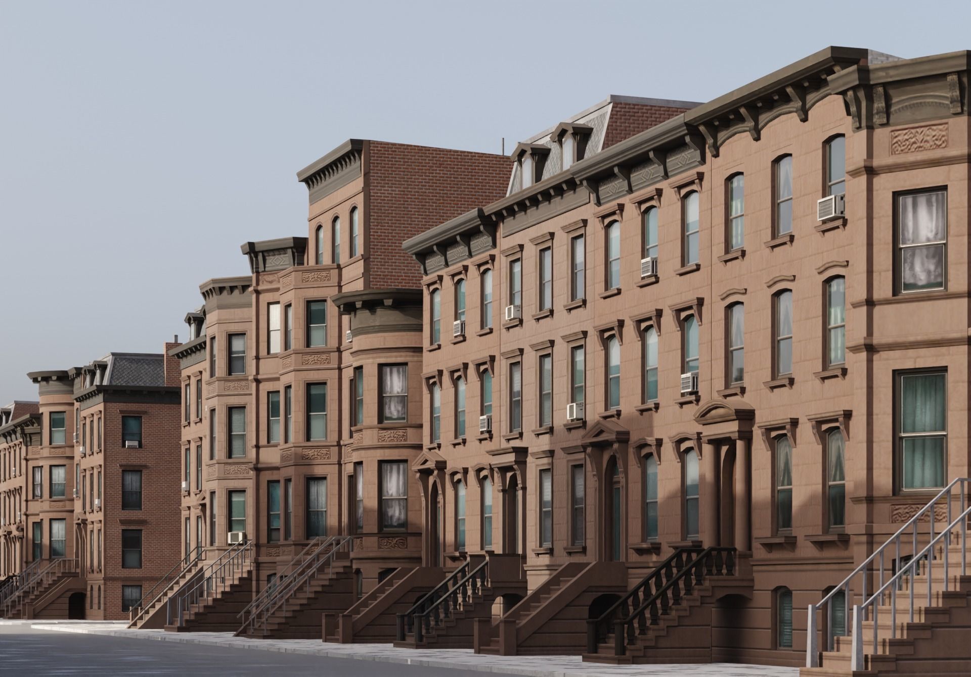 New York Brownstones - American Row Houses Pack Low-poly 3D model_0