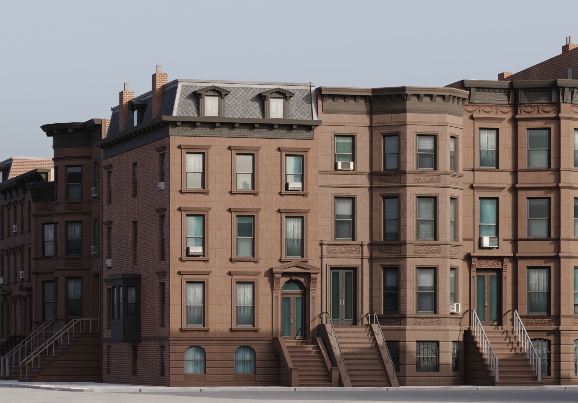 New York Brownstones - American Row Houses Pack Low-poly 3D model_3