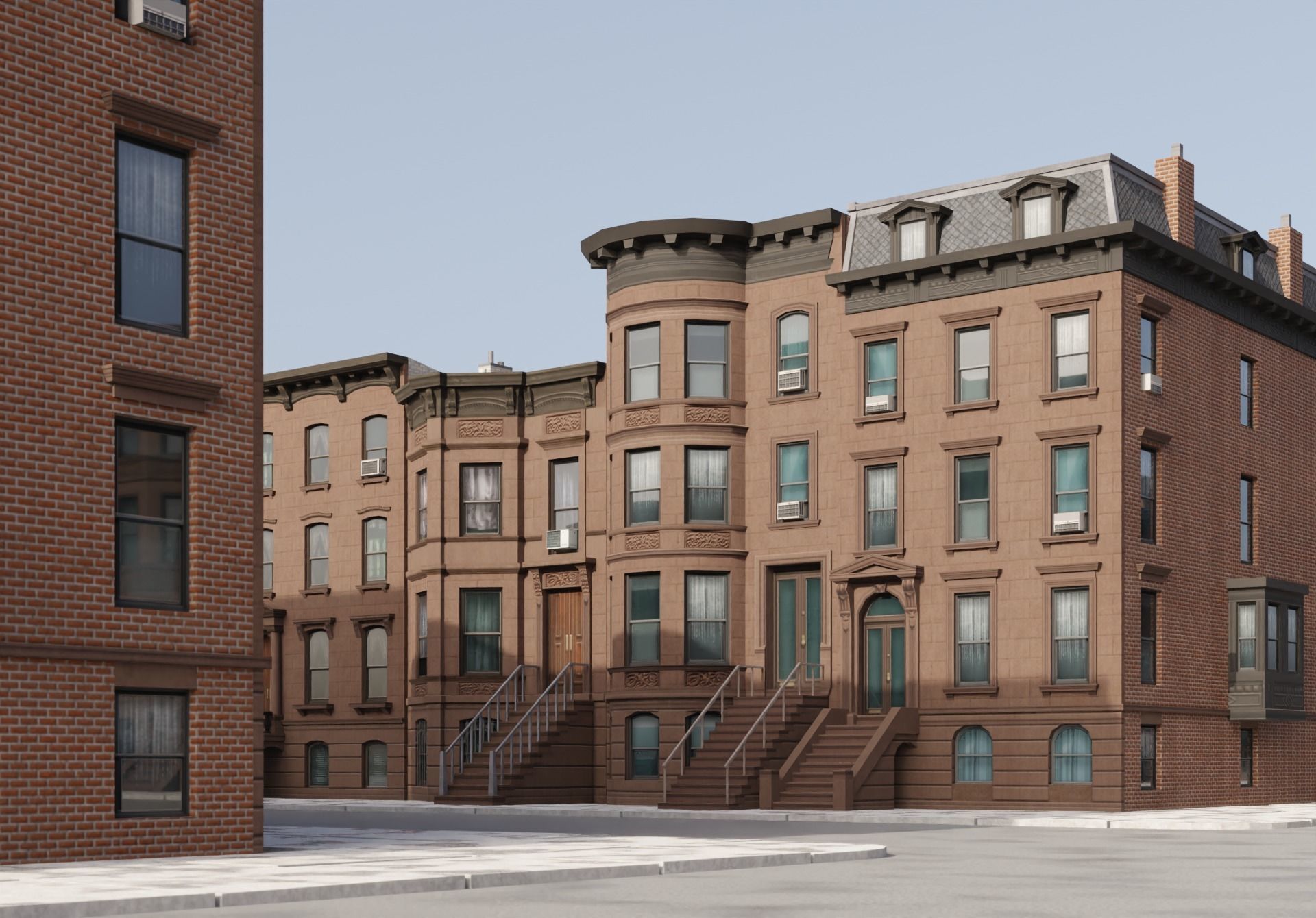 New York Brownstones - American Row Houses Pack Low-poly 3D model_1