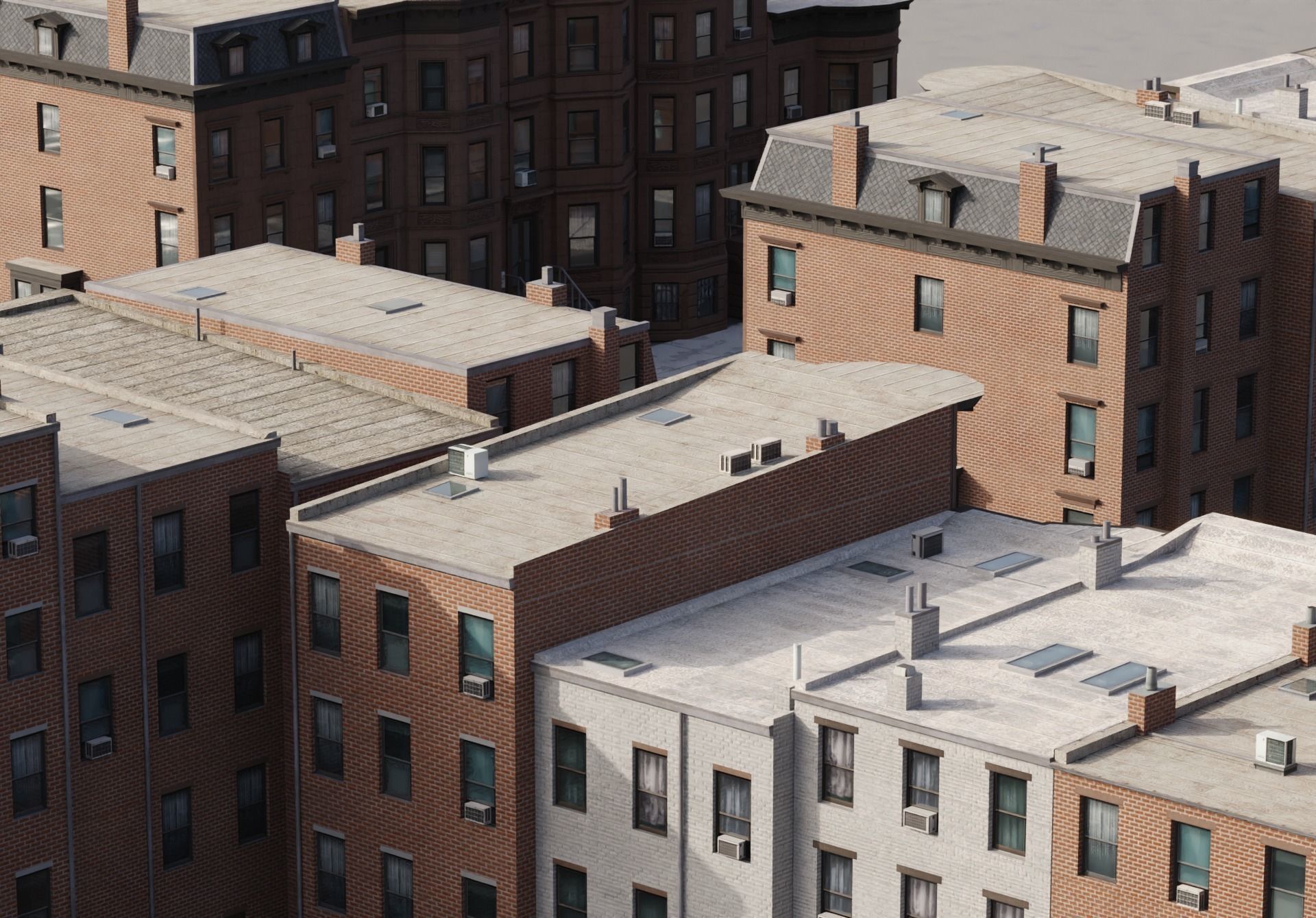 New York Brownstones - American Row Houses Pack Low-poly 3D model_6