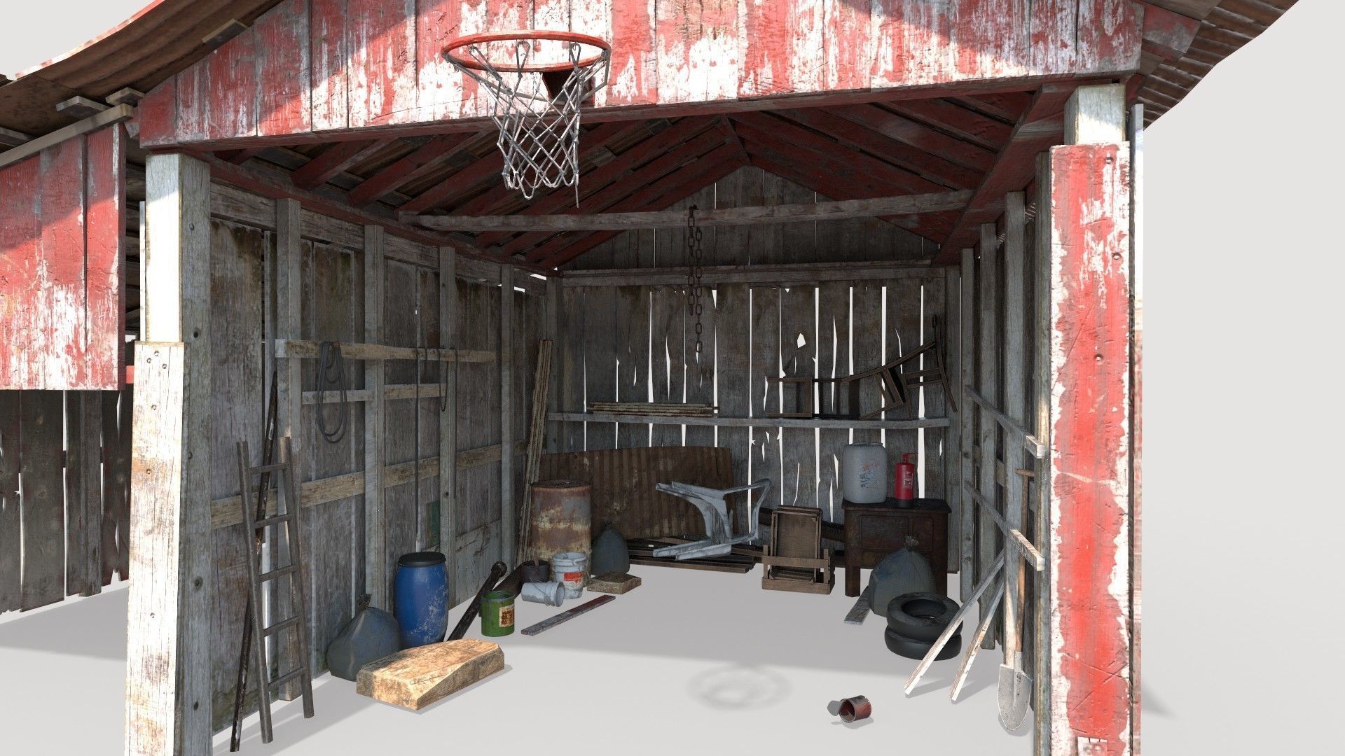 Old wooden garage with materials 3D model_1