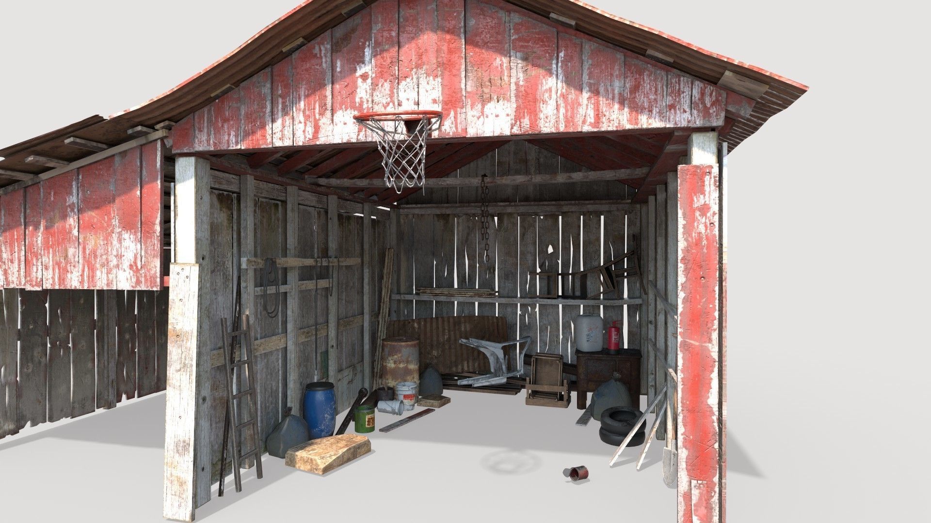 Old wooden garage with materials 3D model_5
