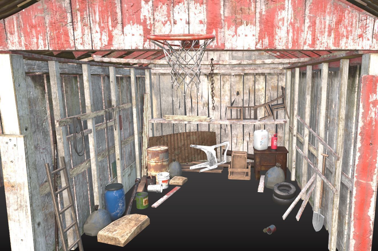 Old wooden garage with materials 3D model_9