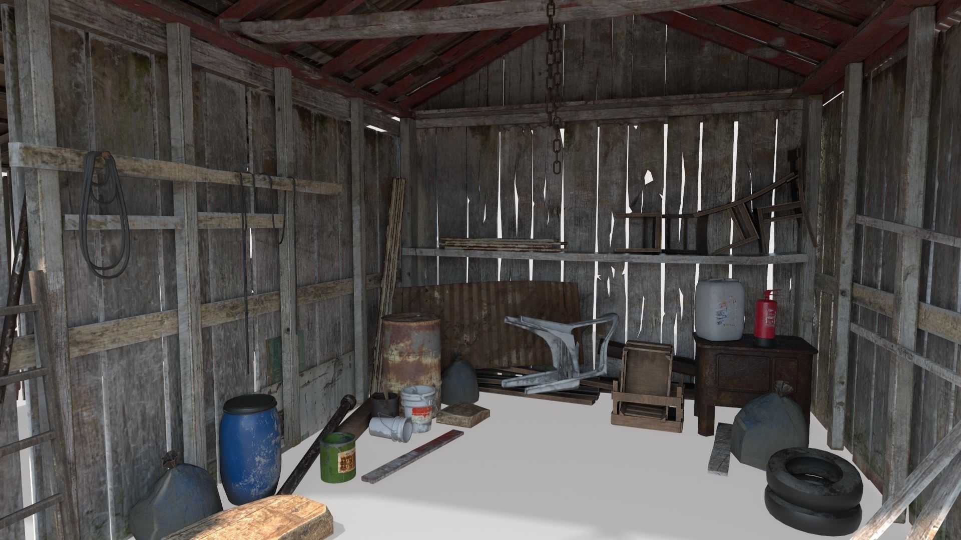 Old wooden garage with materials 3D model_8