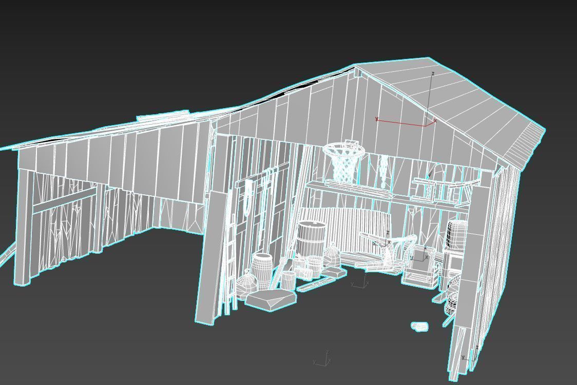 Old wooden garage with materials 3D model_11