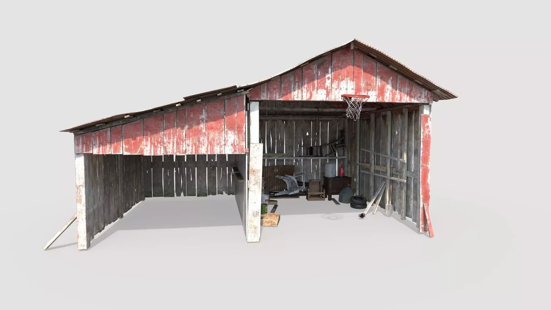 Old wooden garage with materials 3D model_0