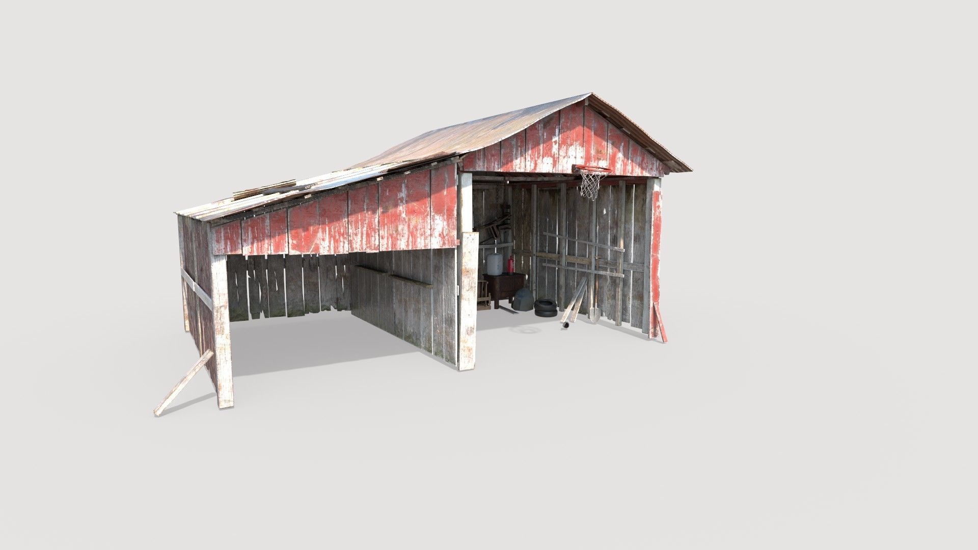 Old wooden garage with materials 3D model_2