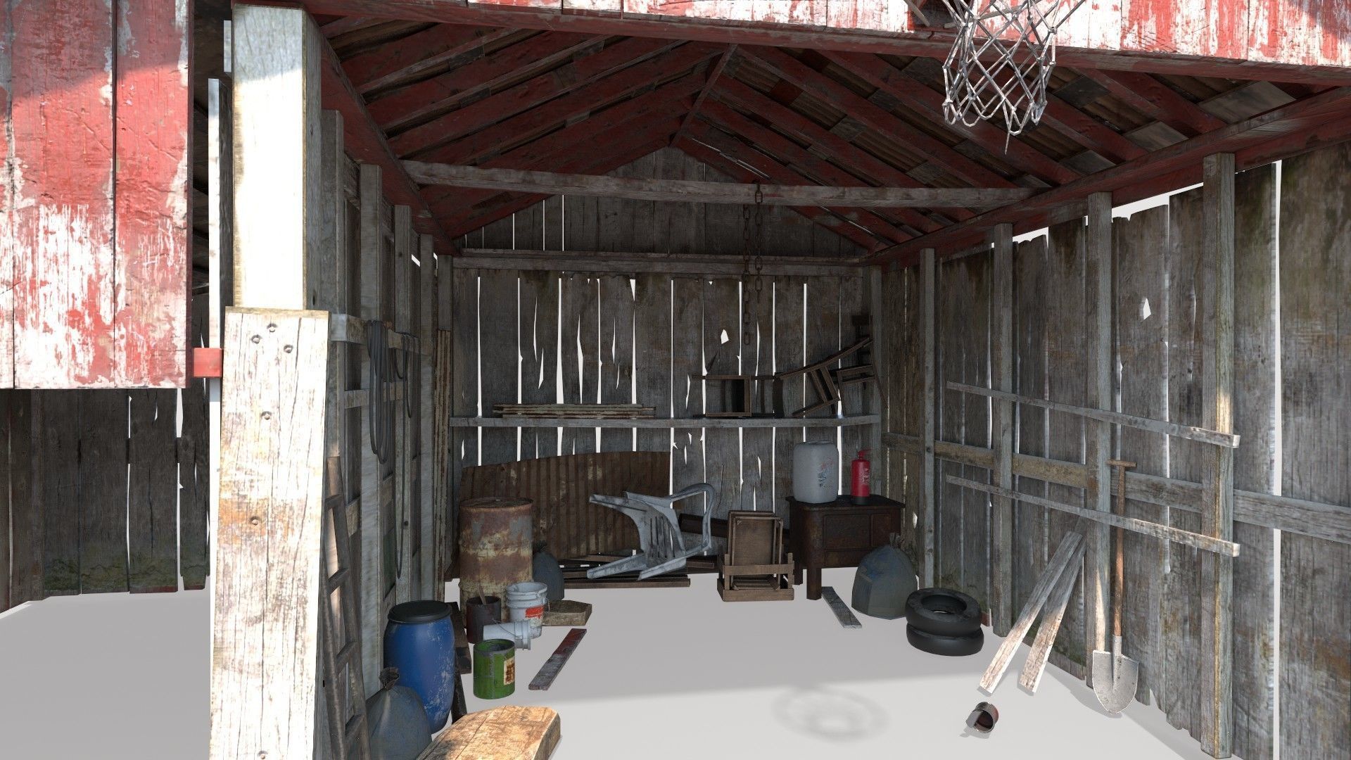 Old wooden garage with materials 3D model_3