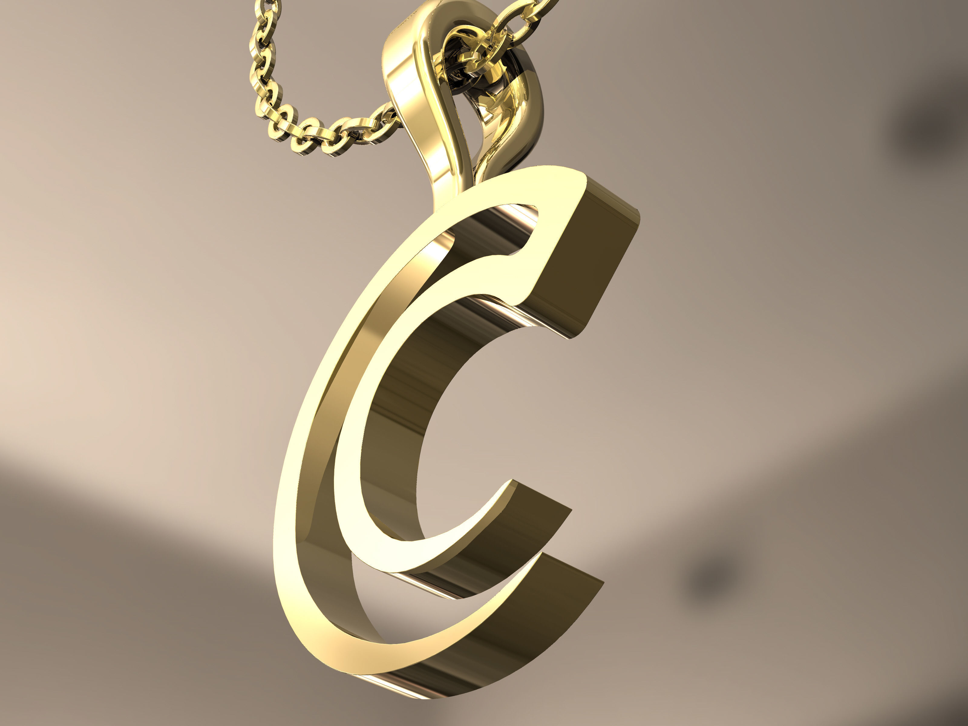 C Pendant letter on gold chain 3D print model_3